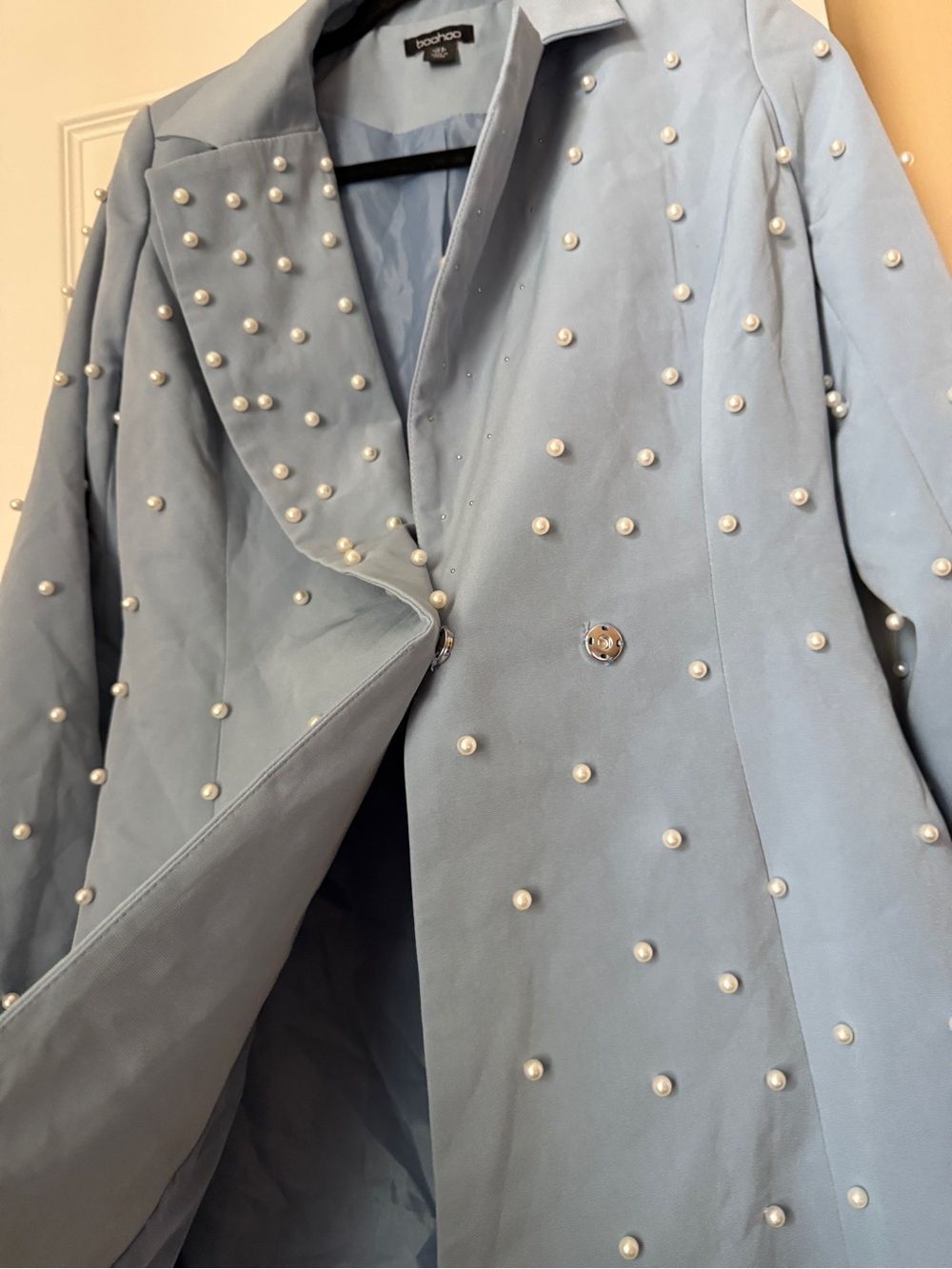 Boohoo Powder Blue Pearl-Studded Blazer Jacket - Picture 2 of 4